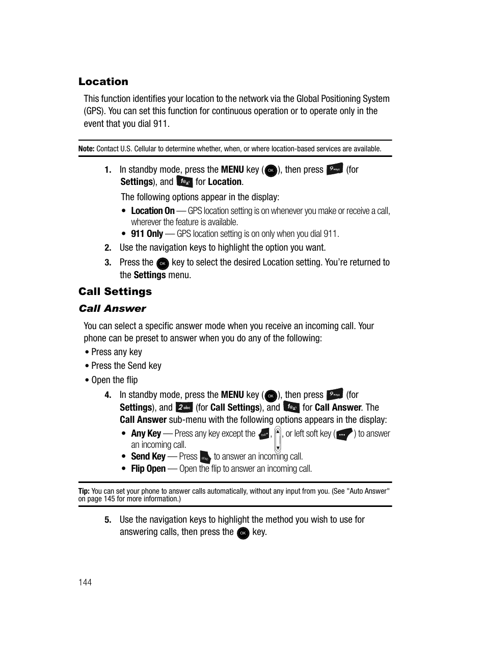 Location, Call settings, Call answer | Location call settings | Samsung SCH-U520ZNAUSC User Manual | Page 144 / 192
