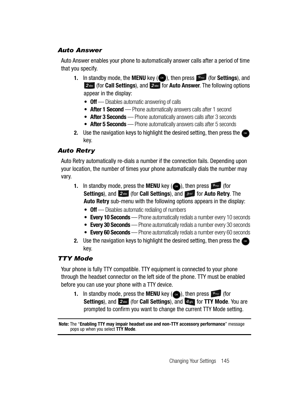 Auto answer, Auto retry, Tty mode | Samsung SCH-U520ZNAUSC User Manual | Page 145 / 192