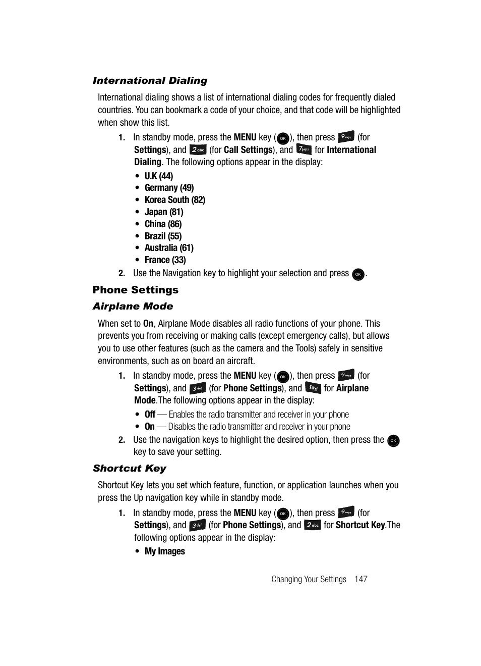 International dialing, Phone settings, Airplane mode | Shortcut key | Samsung SCH-U520ZNAUSC User Manual | Page 147 / 192