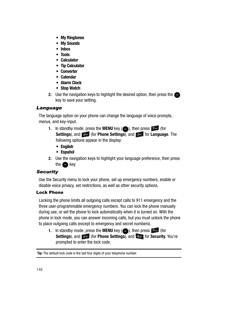 Language, Security, Lock phone | Samsung SCH-U520ZNAUSC User Manual | Page 148 / 192