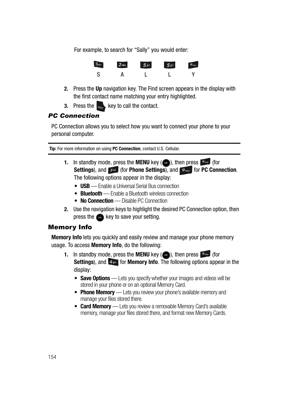 Pc connection, Memory info | Samsung SCH-U520ZNAUSC User Manual | Page 154 / 192