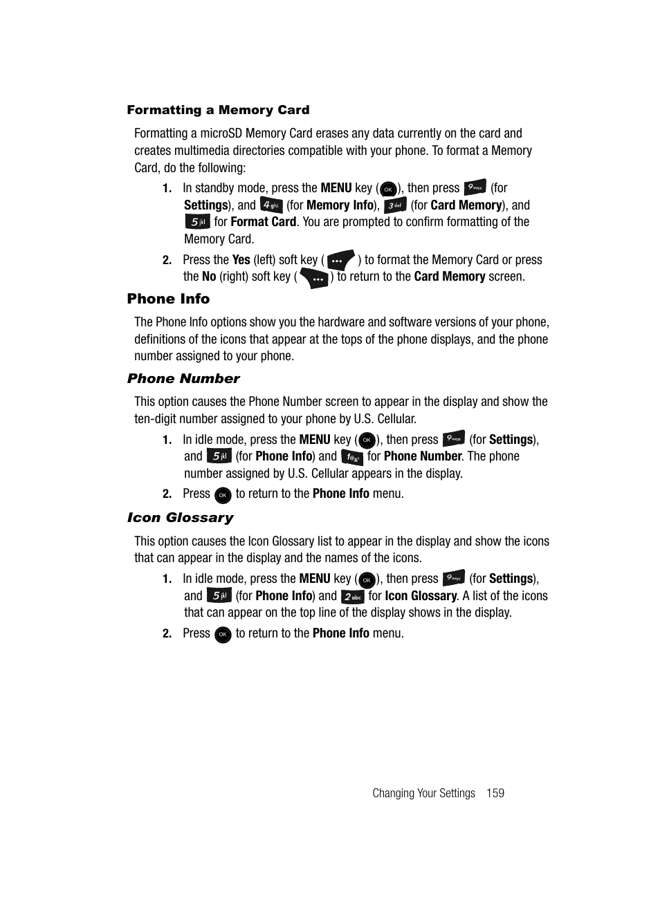 Formatting a memory card, Phone info, Phone number | Icon glossary | Samsung SCH-U520ZNAUSC User Manual | Page 159 / 192