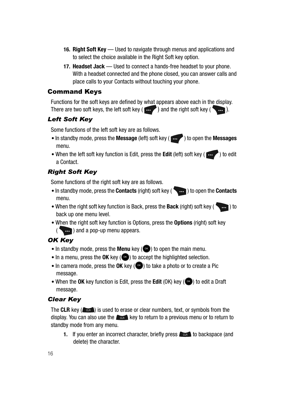 Command keys, Left soft key, Right soft key | Ok key, Clear key | Samsung SCH-U520ZNAUSC User Manual | Page 16 / 192