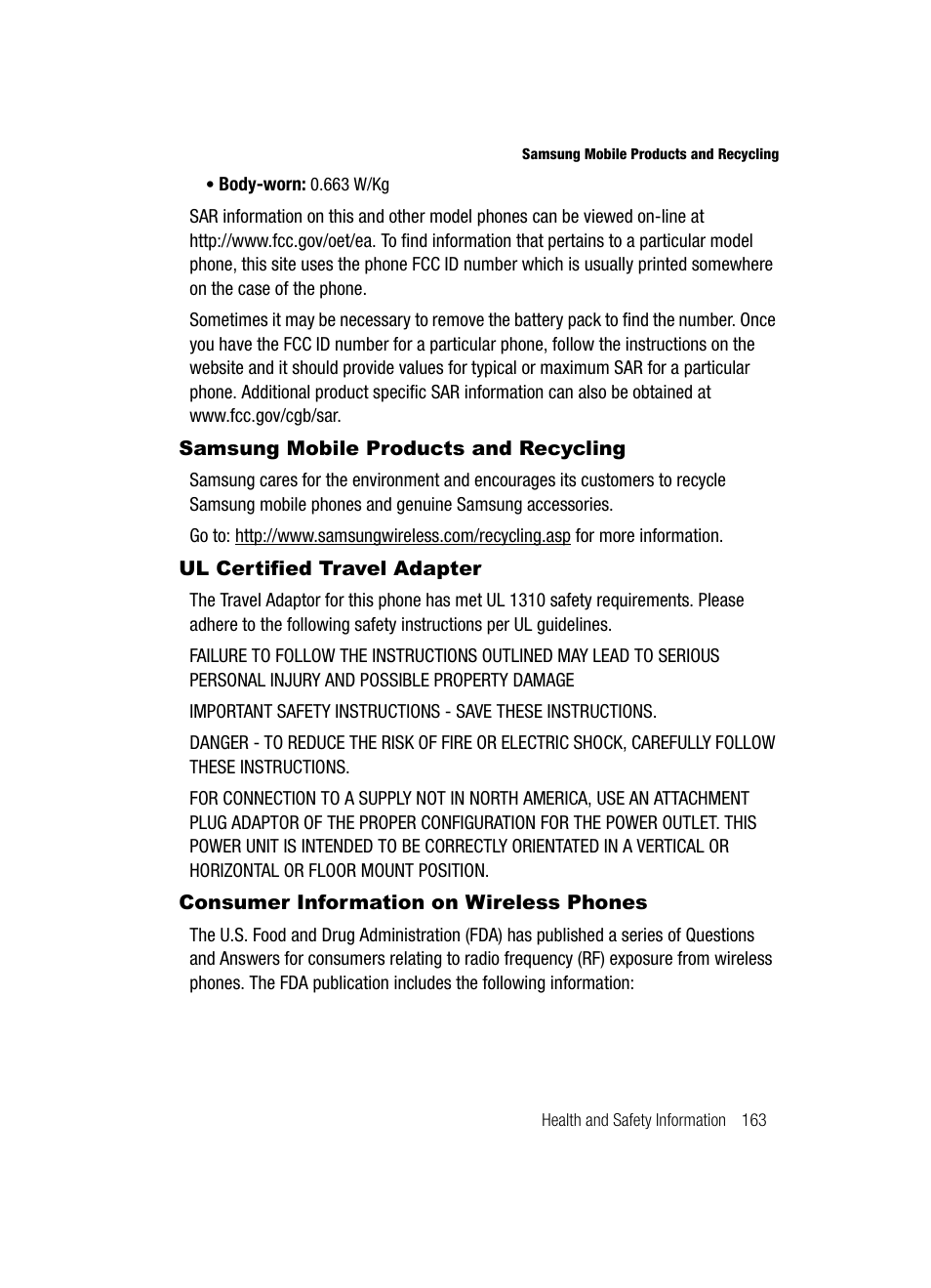 Samsung mobile products and recycling, Ul certified travel adapter, Consumer information on wireless phones | Samsung SCH-U520ZNAUSC User Manual | Page 163 / 192