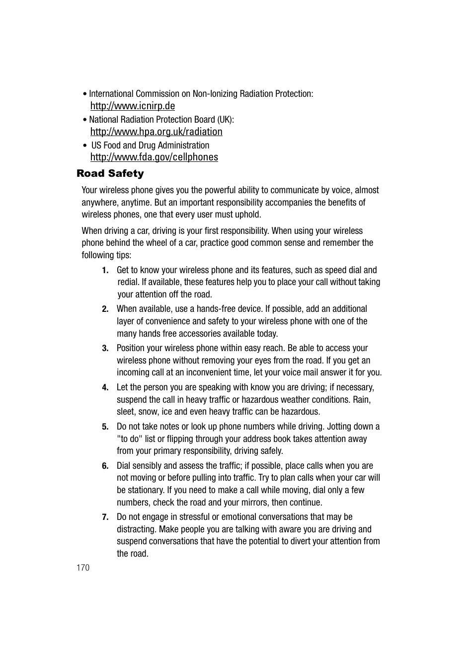 Road safety | Samsung SCH-U520ZNAUSC User Manual | Page 170 / 192