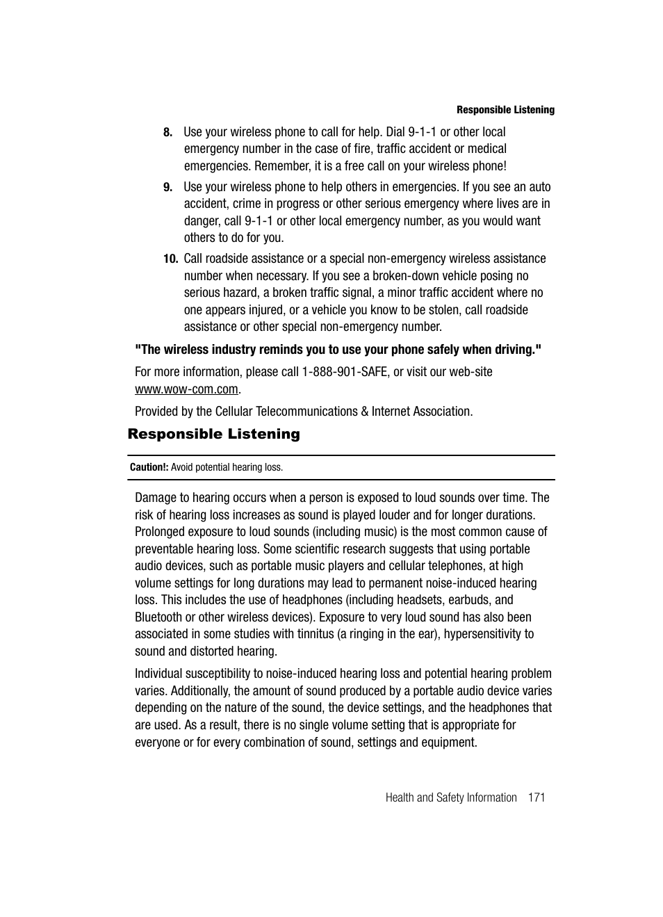 Responsible listening | Samsung SCH-U520ZNAUSC User Manual | Page 171 / 192