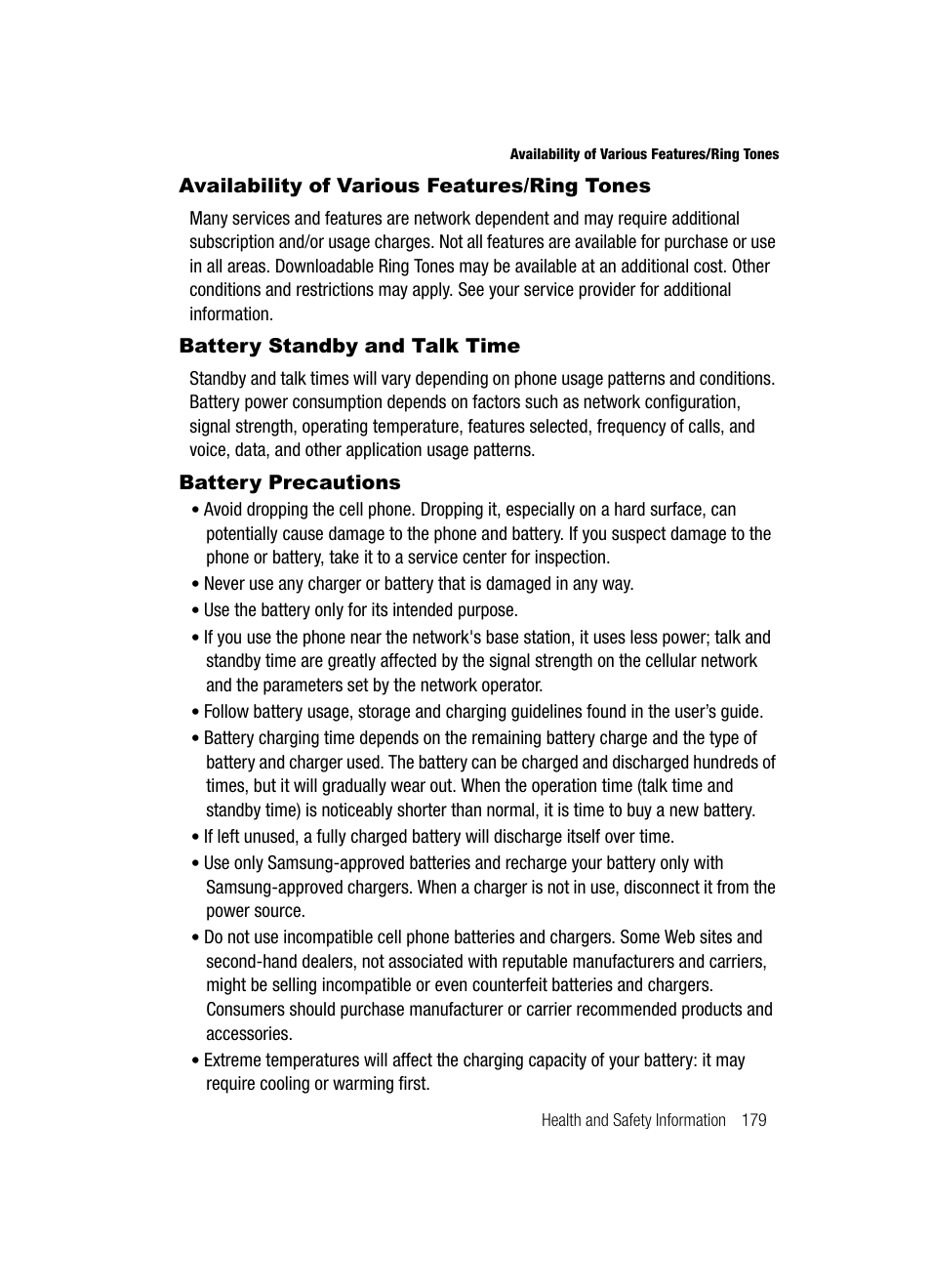 Availability of various features/ring tones, Battery standby and talk time, Battery precautions | Samsung SCH-U520ZNAUSC User Manual | Page 179 / 192