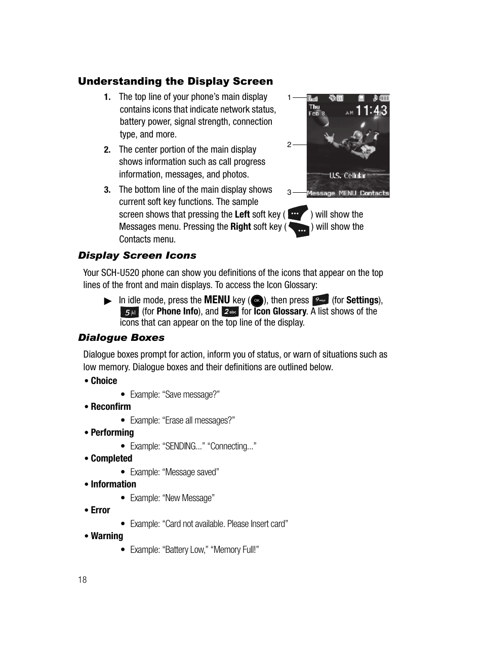 Understanding the display screen, Display screen icons, Dialogue boxes | Samsung SCH-U520ZNAUSC User Manual | Page 18 / 192