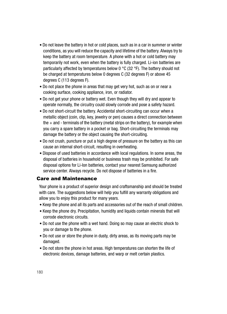 Care and maintenance | Samsung SCH-U520ZNAUSC User Manual | Page 180 / 192