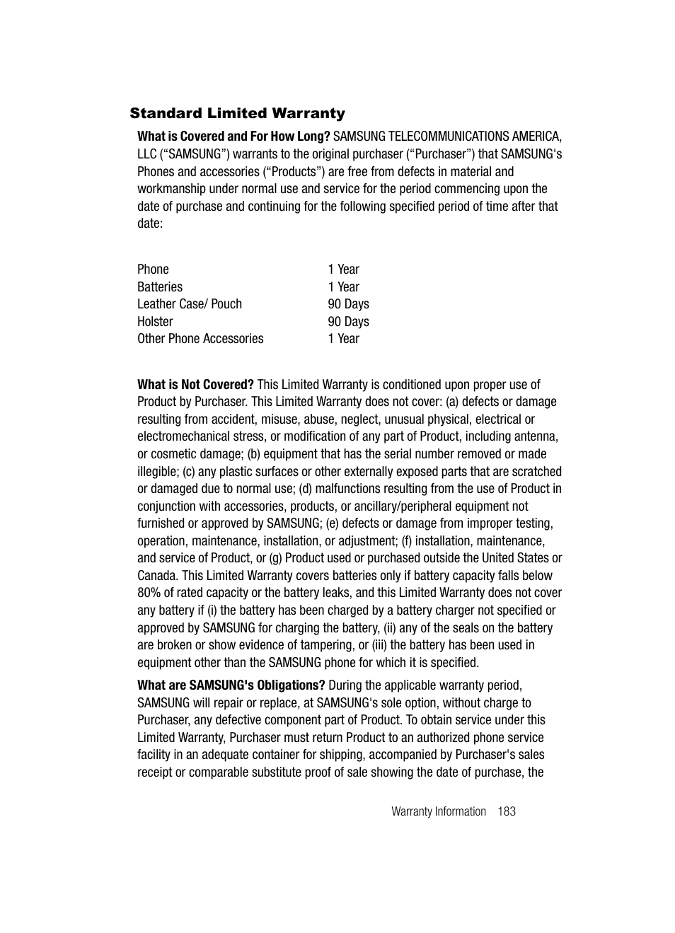 Standard limited warranty | Samsung SCH-U520ZNAUSC User Manual | Page 183 / 192