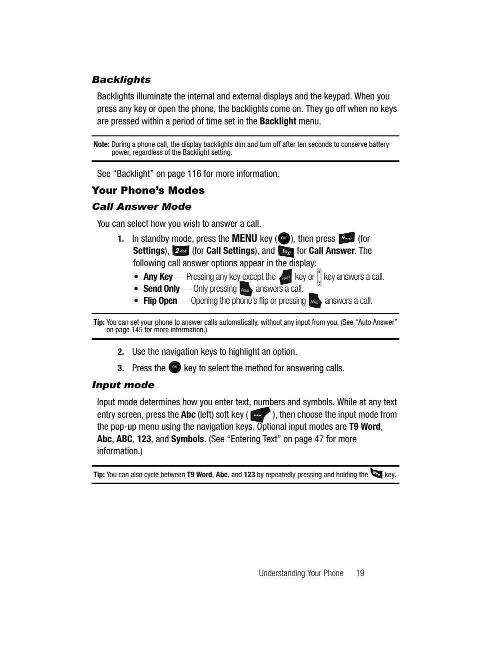 Backlights, Your phone’s modes, Call answer mode | Input mode, Menu | Samsung SCH-U520ZNAUSC User Manual | Page 19 / 192