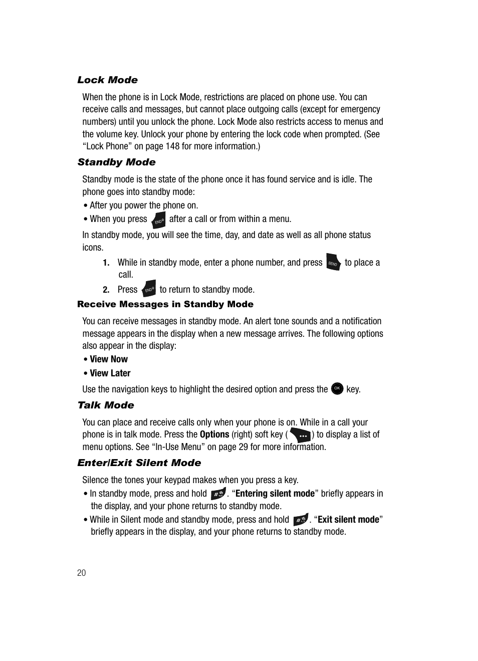 Lock mode, Standby mode, Receive messages in standby mode | Talk mode, Enter/exit silent mode | Samsung SCH-U520ZNAUSC User Manual | Page 20 / 192