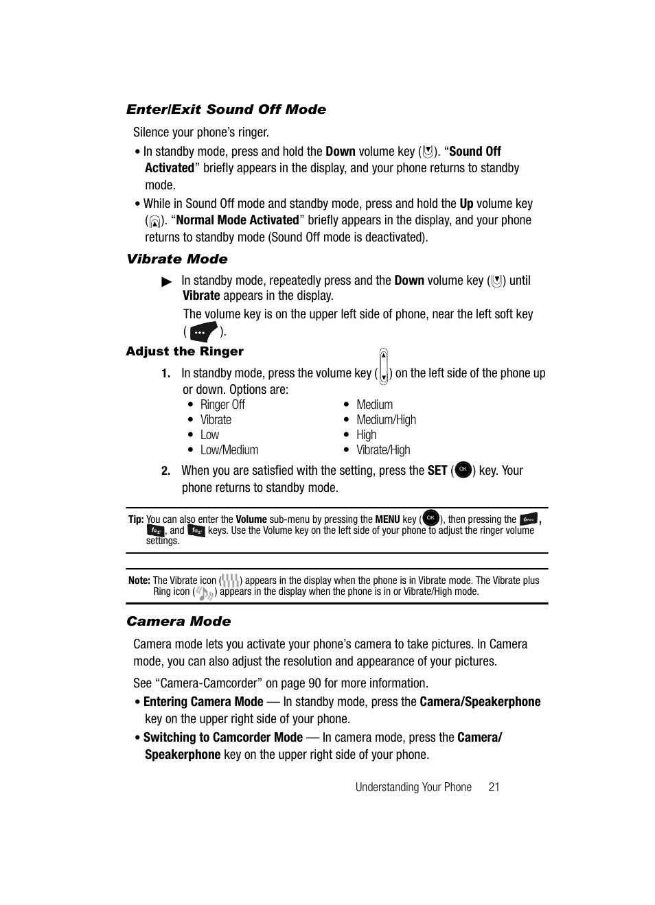 Enter/exit sound off mode, Vibrate mode, Adjust the ringer | Camera mode | Samsung SCH-U520ZNAUSC User Manual | Page 21 / 192
