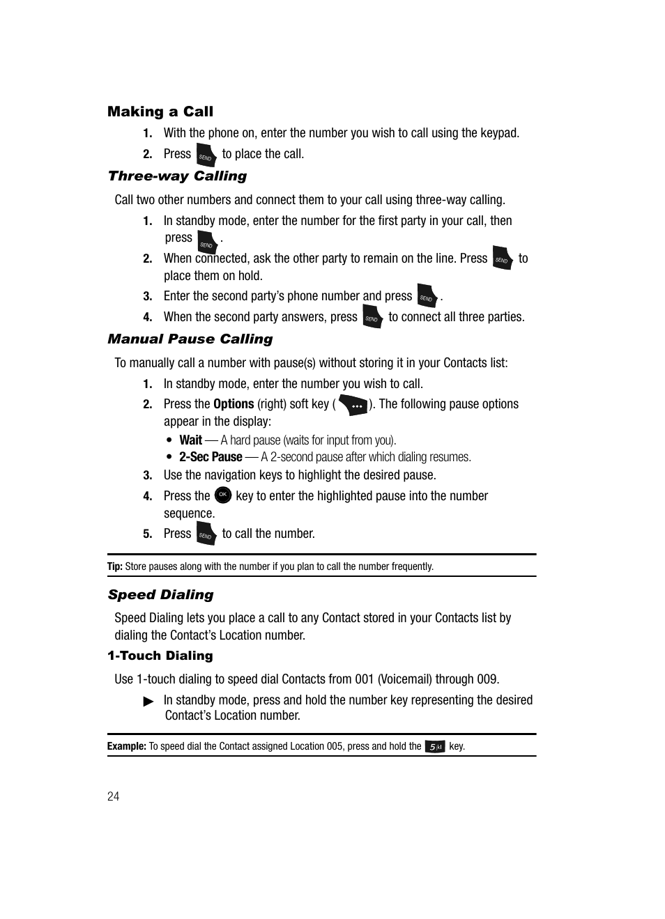 Making a call, Three-way calling, Manual pause calling | Speed dialing, Touch dialing | Samsung SCH-U520ZNAUSC User Manual | Page 24 / 192