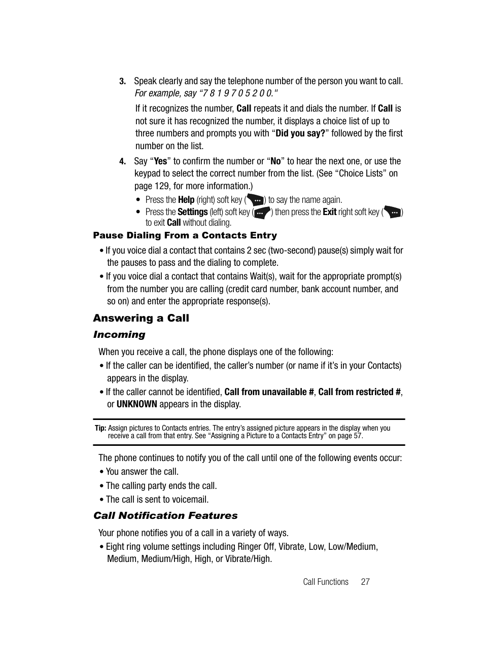 Pause dialing from a contacts entry, Answering a call, Incoming | Call notification features | Samsung SCH-U520ZNAUSC User Manual | Page 27 / 192