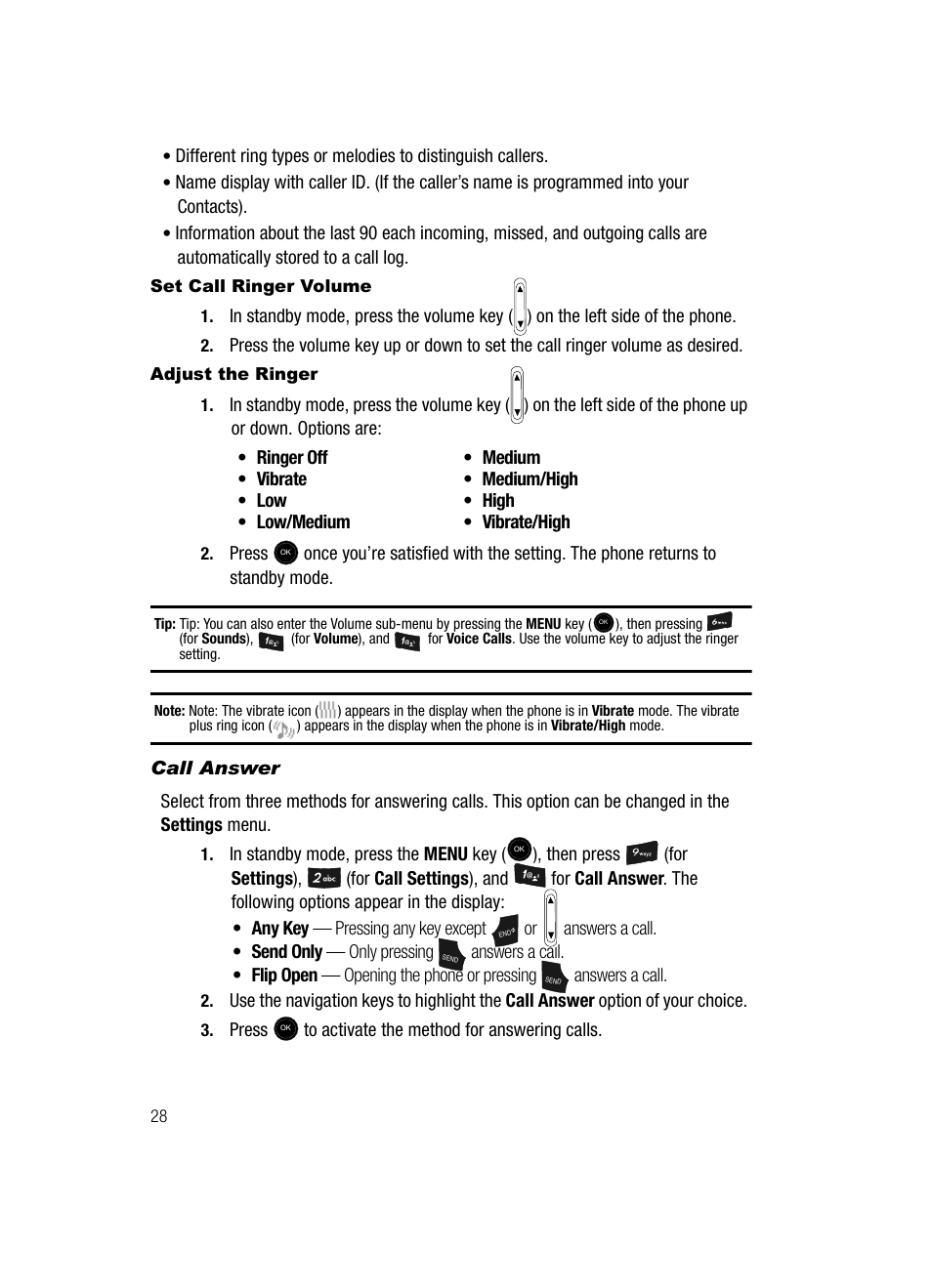 Set call ringer volume, Adjust the ringer, Call answer | Samsung SCH-U520ZNAUSC User Manual | Page 28 / 192