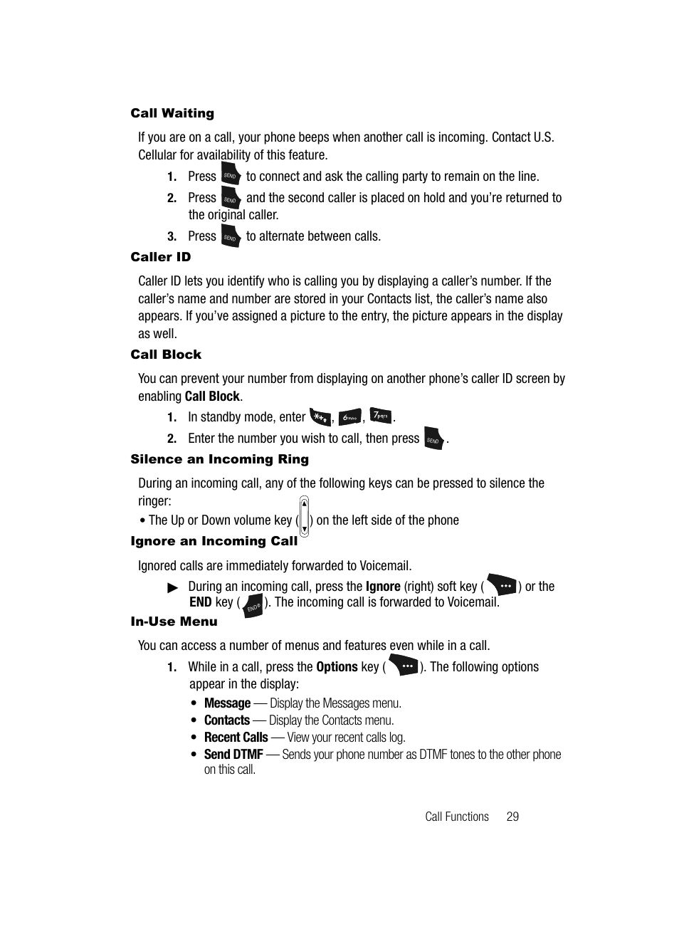 Call waiting, Caller id, Call block | Silence an incoming ring, Ignore an incoming call, In-use menu | Samsung SCH-U520ZNAUSC User Manual | Page 29 / 192