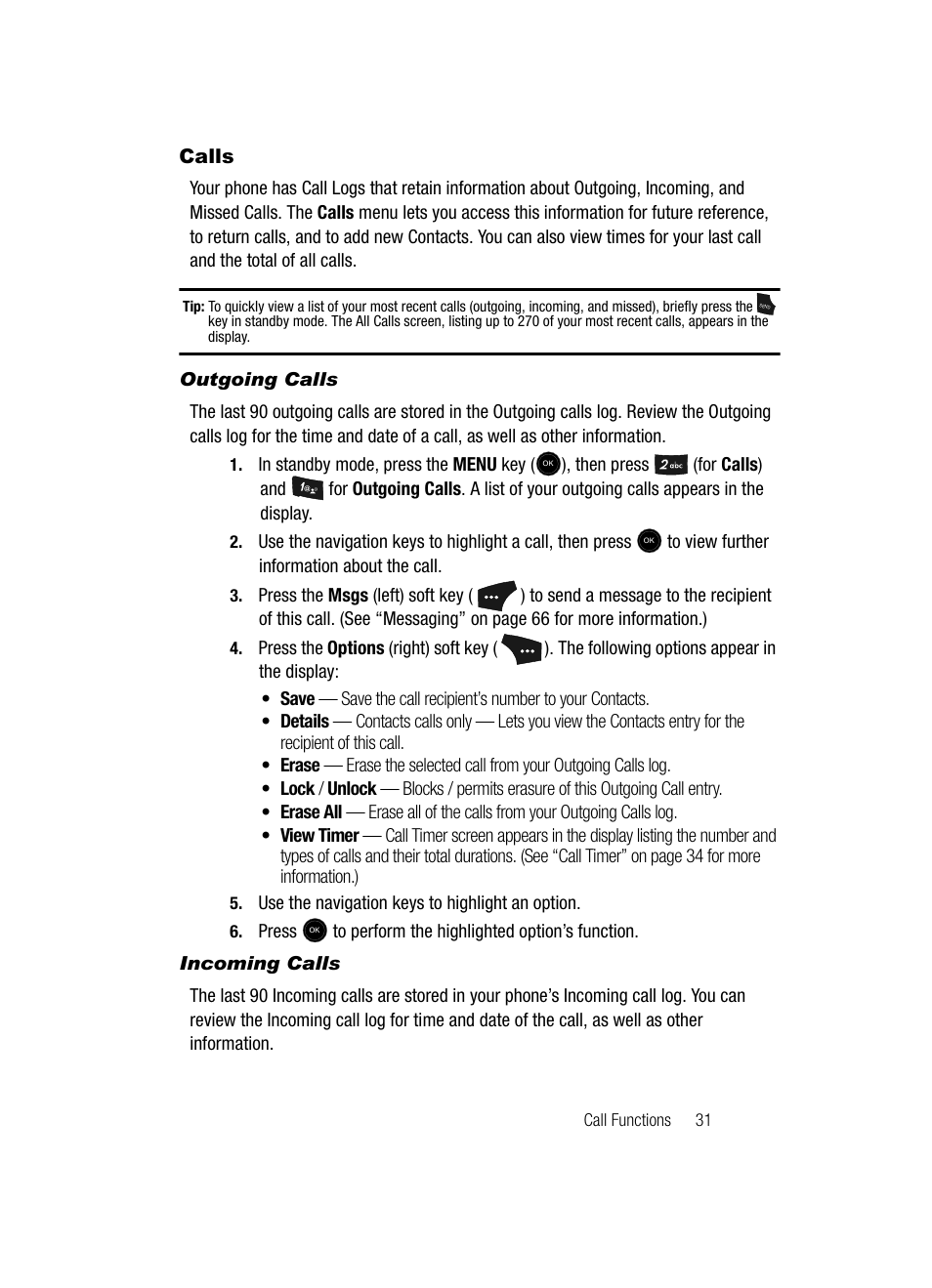 Calls, Outgoing calls, Incoming calls | Samsung SCH-U520ZNAUSC User Manual | Page 31 / 192