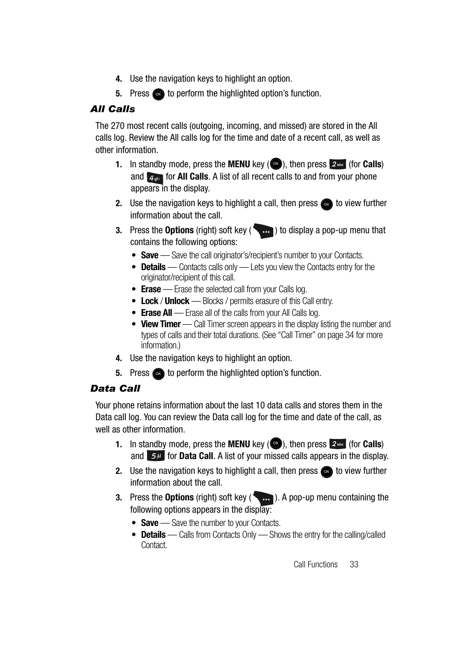 All calls, Data call | Samsung SCH-U520ZNAUSC User Manual | Page 33 / 192