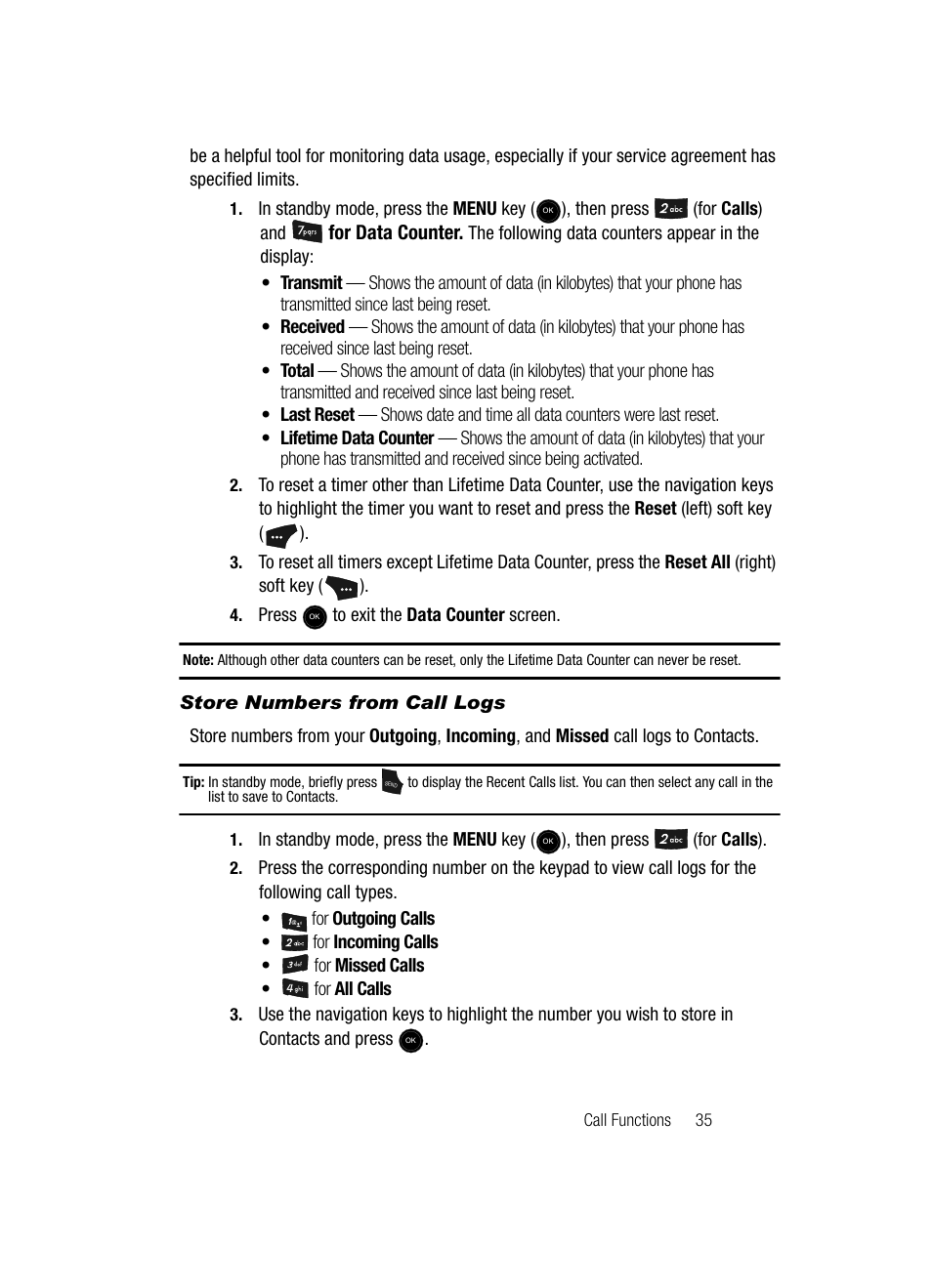 Store numbers from call logs | Samsung SCH-U520ZNAUSC User Manual | Page 35 / 192