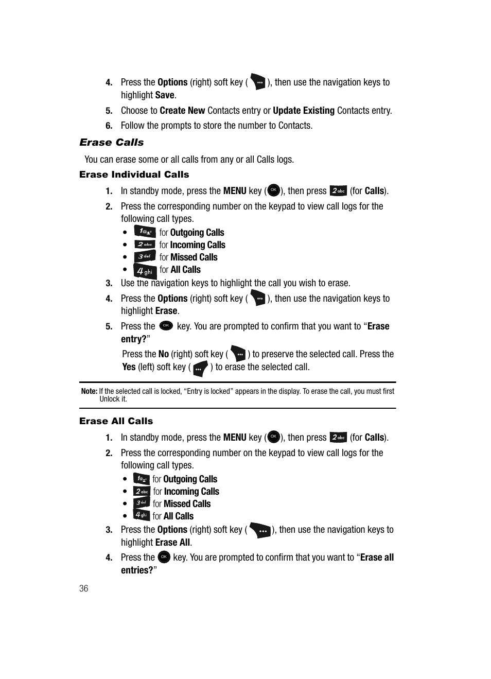 Erase calls, Erase individual calls, Erase all calls | Samsung SCH-U520ZNAUSC User Manual | Page 36 / 192