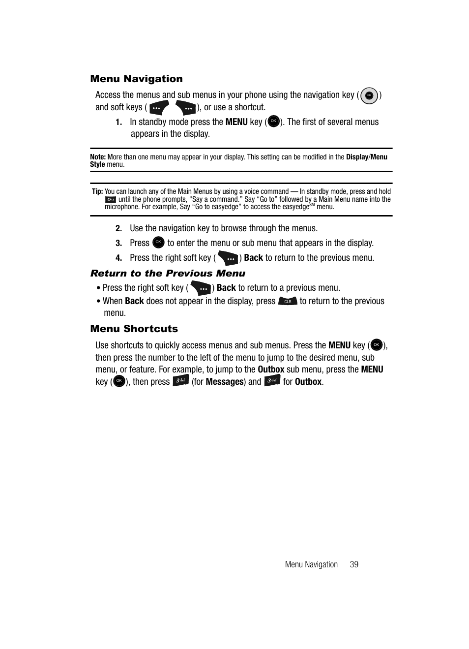 Menu navigation, Return to the previous menu, Menu shortcuts | Menu navigation menu shortcuts | Samsung SCH-U520ZNAUSC User Manual | Page 39 / 192