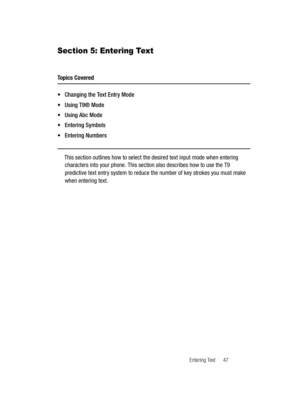 Section 5: entering text, Entering text | Samsung SCH-U520ZNAUSC User Manual | Page 47 / 192