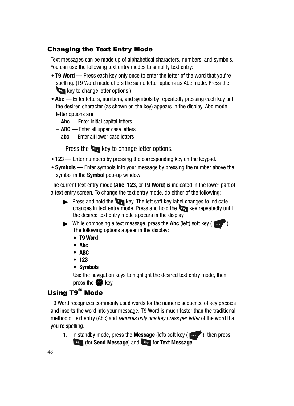 Changing the text entry mode, Using t9® mode, Changing the text entry mode using t9 | Press the key to change letter options, Using t9, Mode | Samsung SCH-U520ZNAUSC User Manual | Page 48 / 192