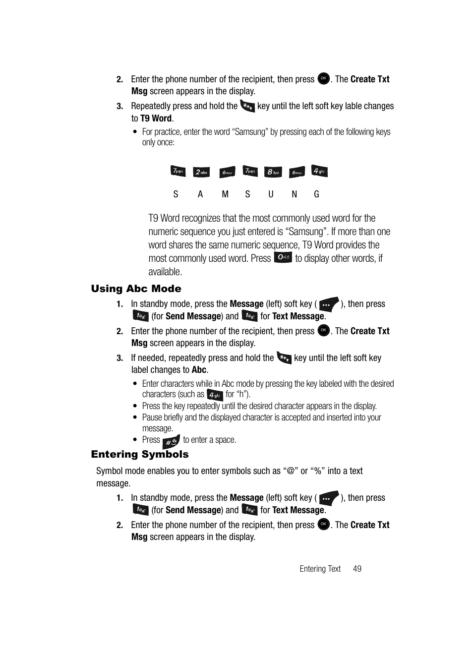 Using abc mode, Entering symbols, Using abc mode entering symbols | Samsung SCH-U520ZNAUSC User Manual | Page 49 / 192