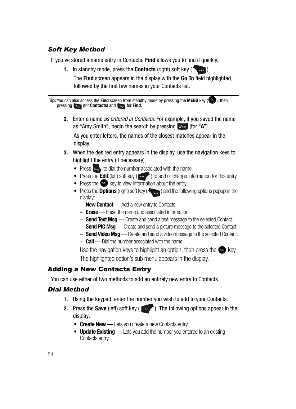Soft key method, Adding a new contacts entry, Dial method | Samsung SCH-U520ZNAUSC User Manual | Page 54 / 192