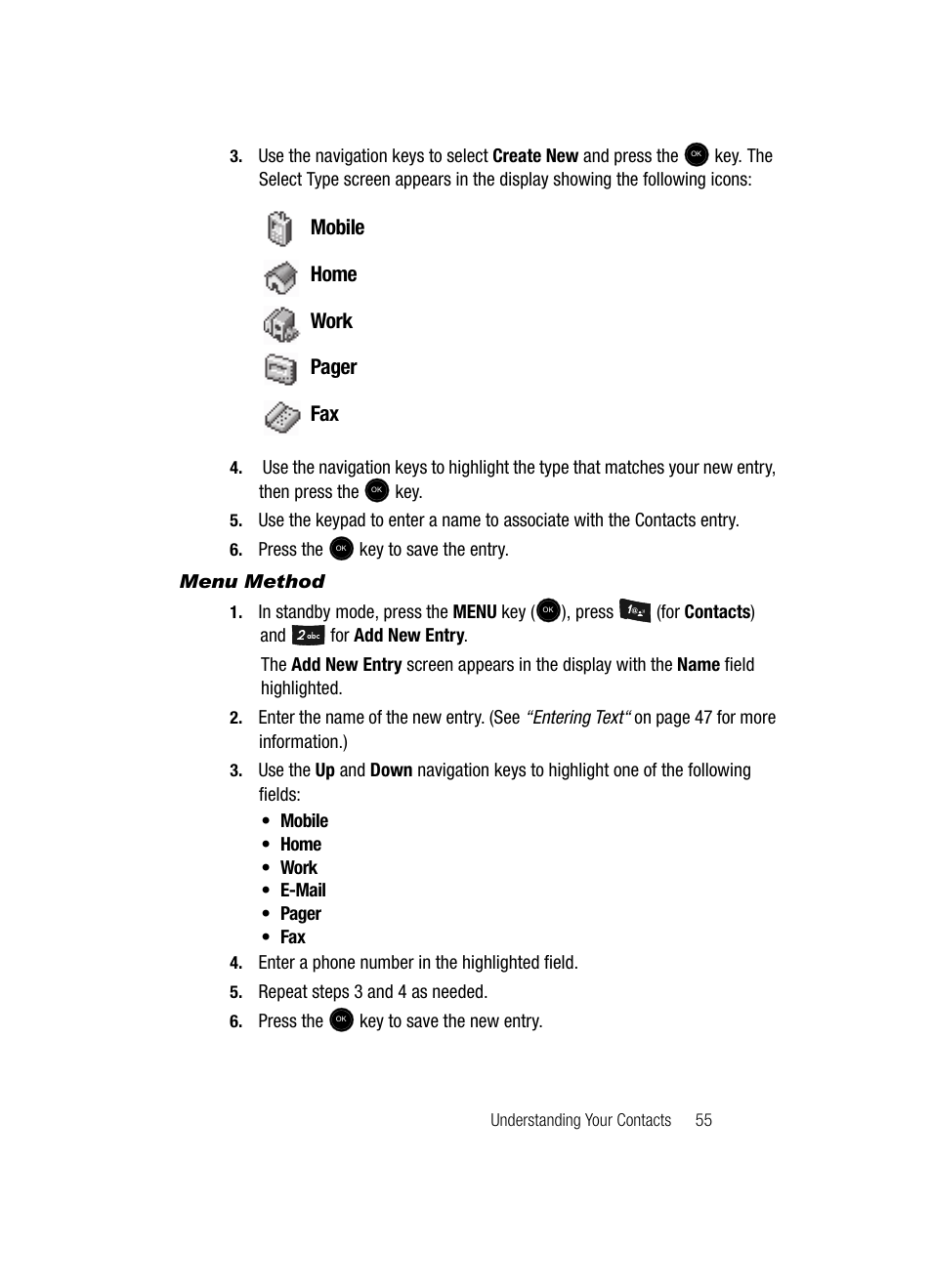 Menu method, Mobile home work pager fax | Samsung SCH-U520ZNAUSC User Manual | Page 55 / 192