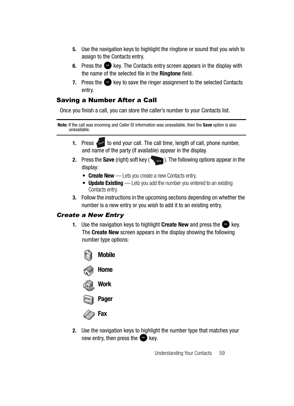 Saving a number after a call, Create a new entry | Samsung SCH-U520ZNAUSC User Manual | Page 59 / 192
