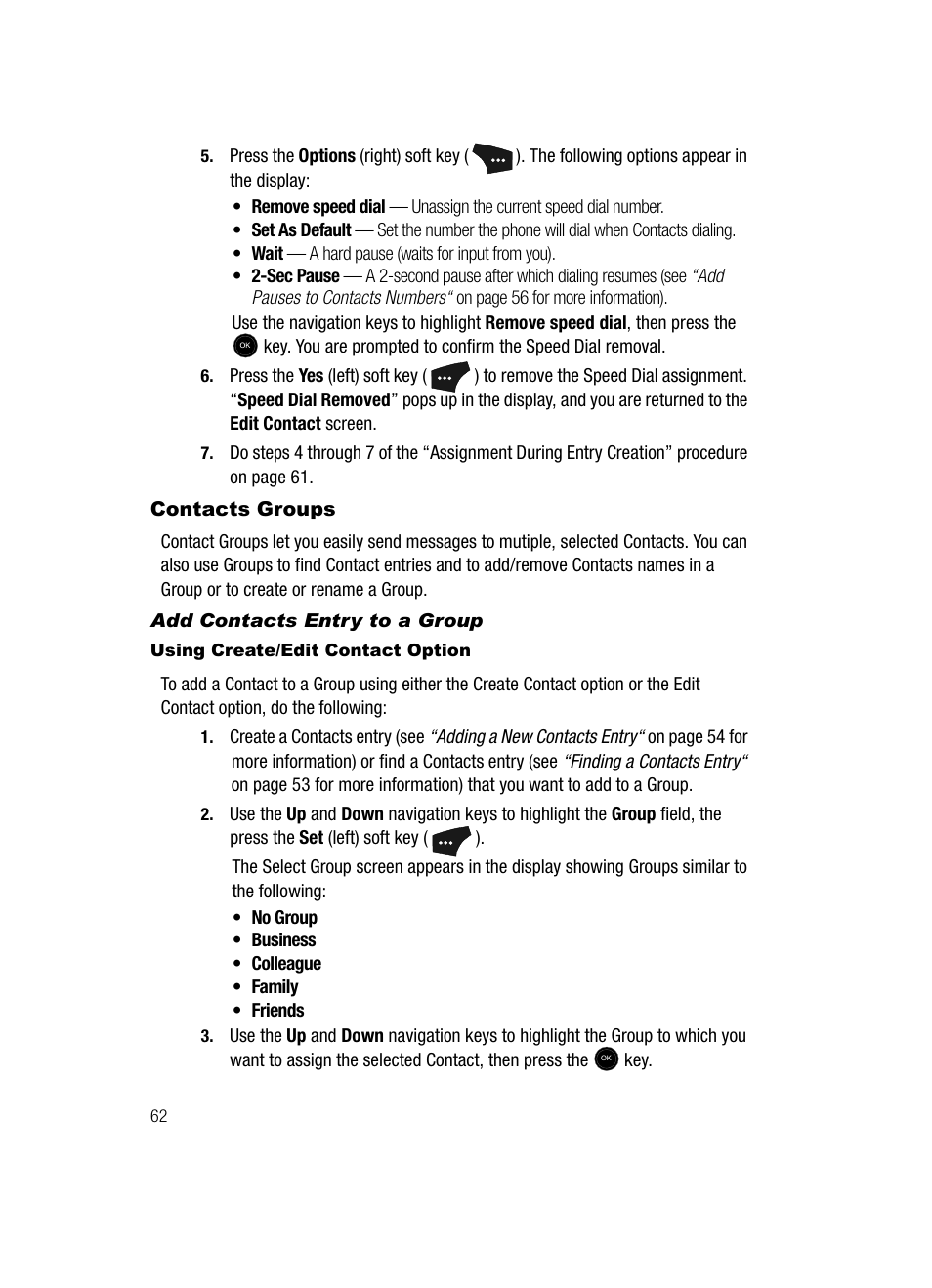 Contacts groups, Add contacts entry to a group, Using create/edit contact option | Samsung SCH-U520ZNAUSC User Manual | Page 62 / 192