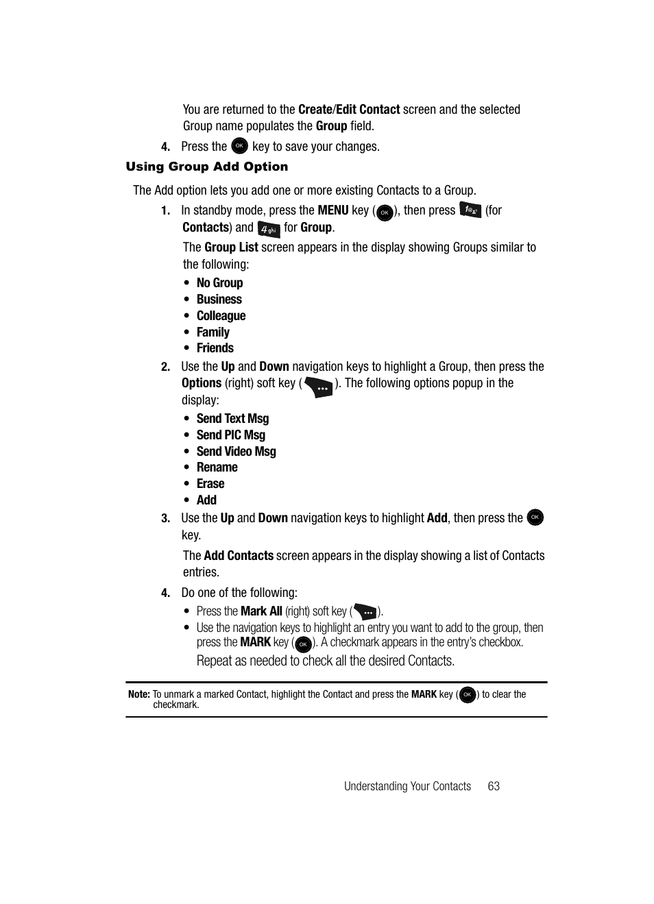 Using group add option, Repeat as needed to check all the desired contacts | Samsung SCH-U520ZNAUSC User Manual | Page 63 / 192