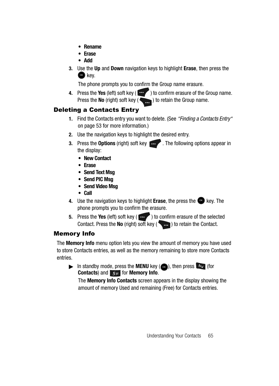 Deleting a contacts entry, Memory info, Deleting a contacts entry memory info | Samsung SCH-U520ZNAUSC User Manual | Page 65 / 192