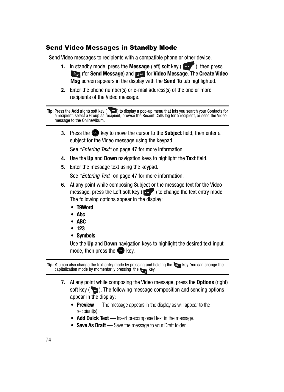 Send video messages in standby mode | Samsung SCH-U520ZNAUSC User Manual | Page 74 / 192