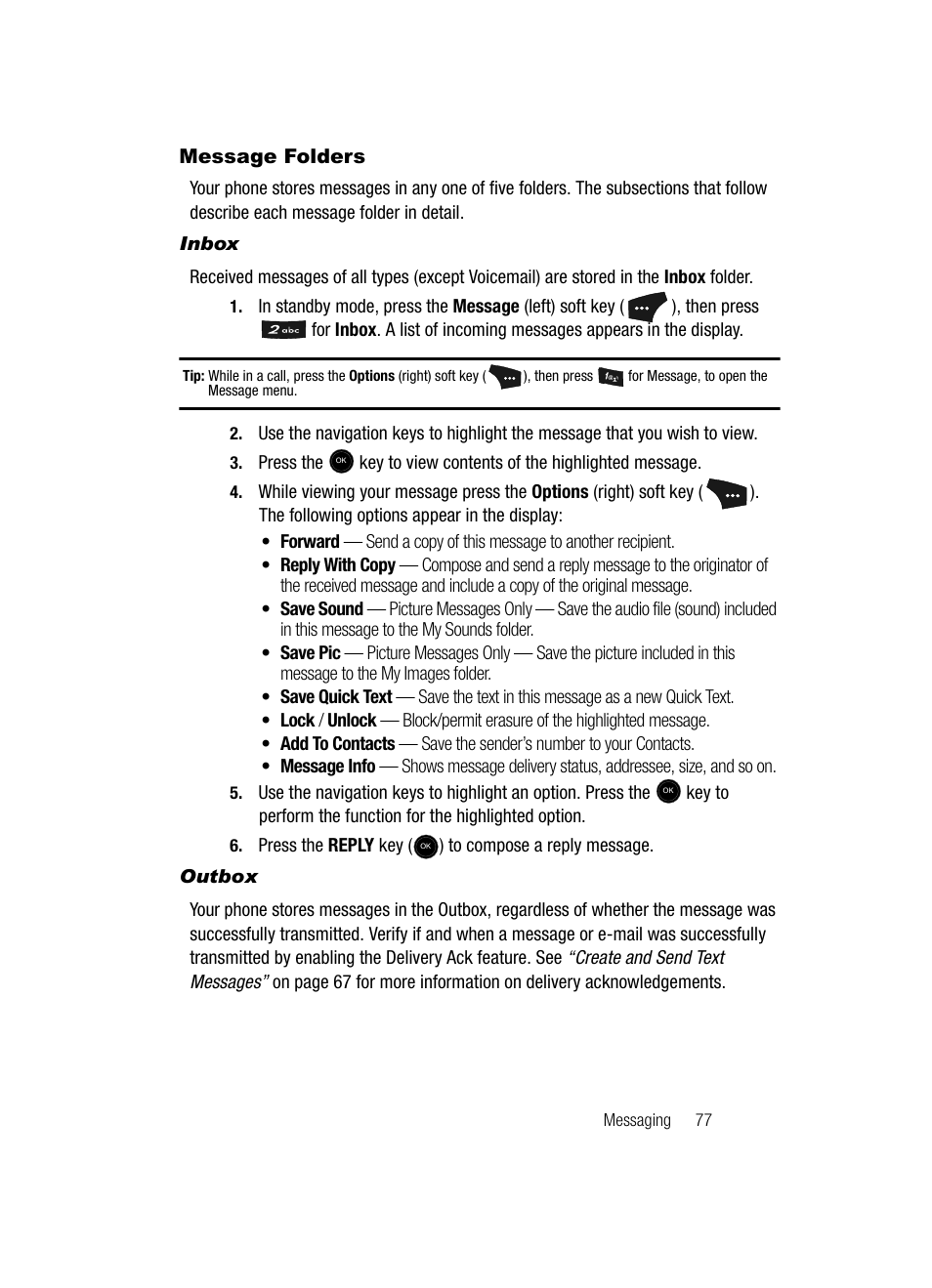 Message folders, Inbox, Outbox | Samsung SCH-U520ZNAUSC User Manual | Page 77 / 192