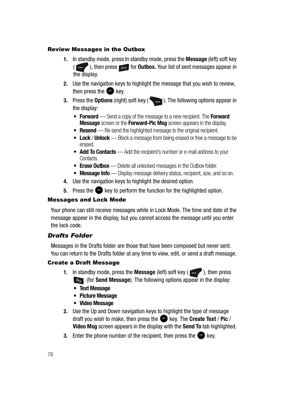 Review messages in the outbox, Messages and lock mode, Drafts folder | Create a draft message | Samsung SCH-U520ZNAUSC User Manual | Page 78 / 192