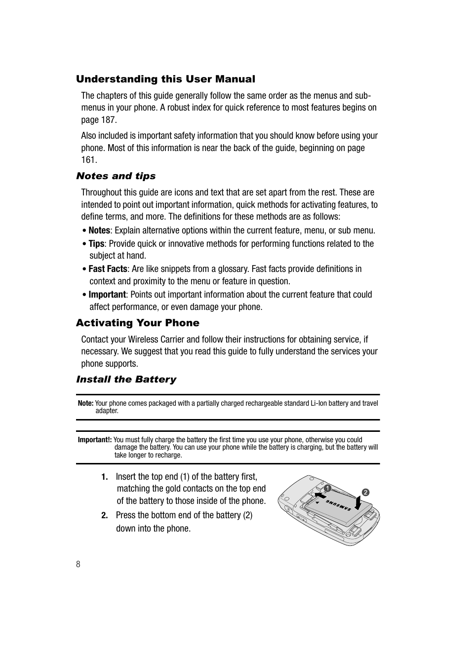 Understanding this user manual, Notes and tips, Activating your phone | Install the battery | Samsung SCH-U520ZNAUSC User Manual | Page 8 / 192