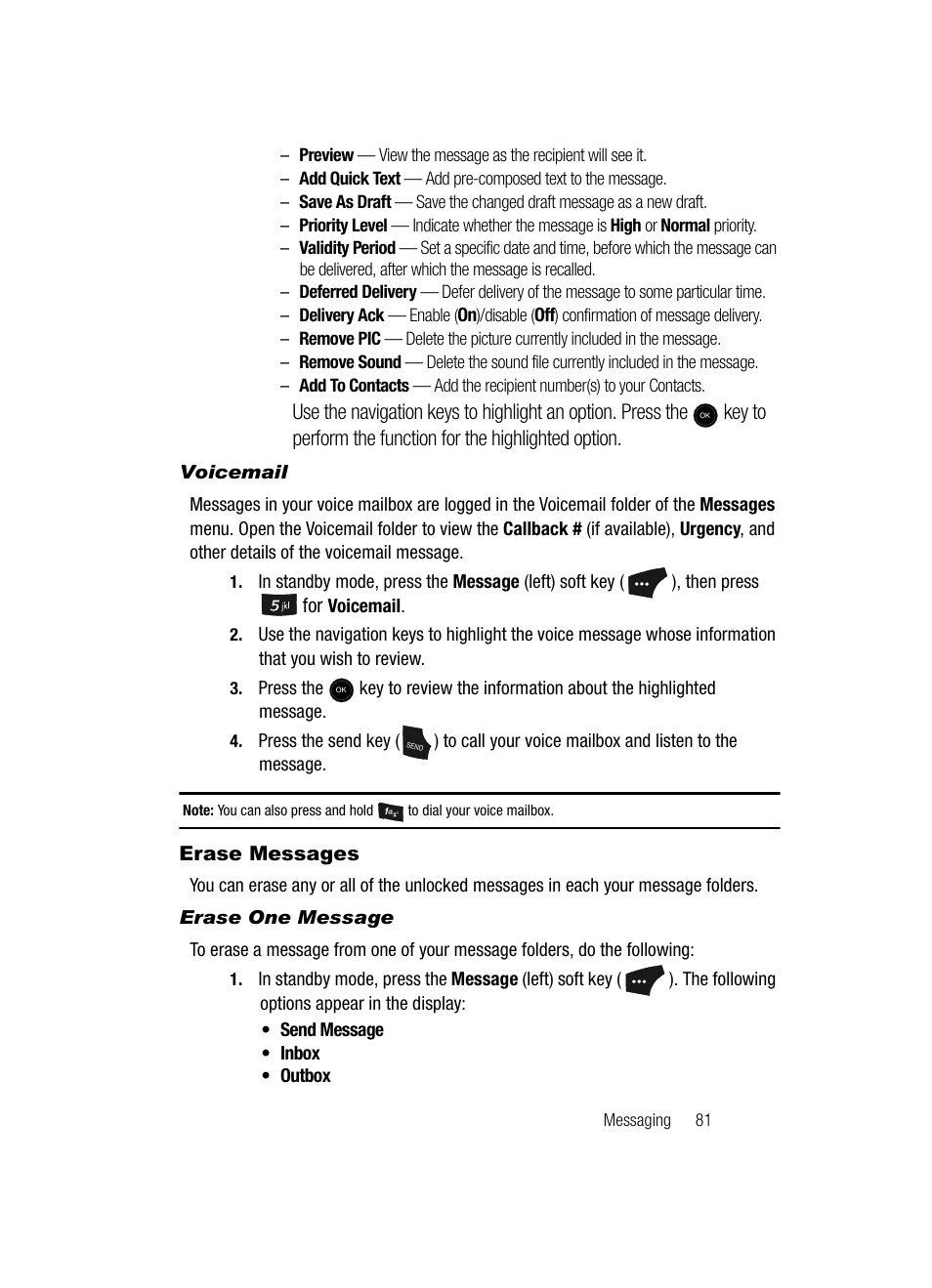 Voicemail, Erase messages, Erase one message | Samsung SCH-U520ZNAUSC User Manual | Page 81 / 192