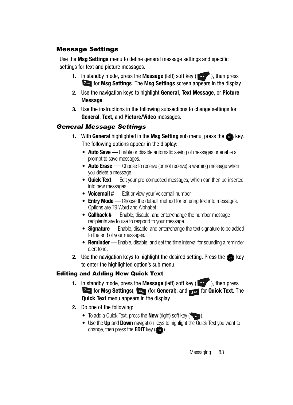 Message settings, General message settings, Editing and adding new quick text | Samsung SCH-U520ZNAUSC User Manual | Page 83 / 192