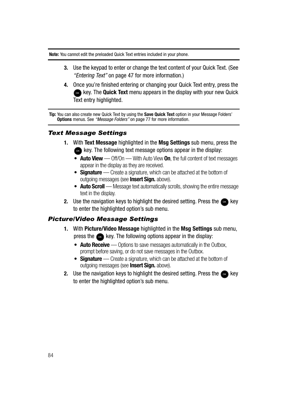 Text message settings, Picture/video message settings | Samsung SCH-U520ZNAUSC User Manual | Page 84 / 192