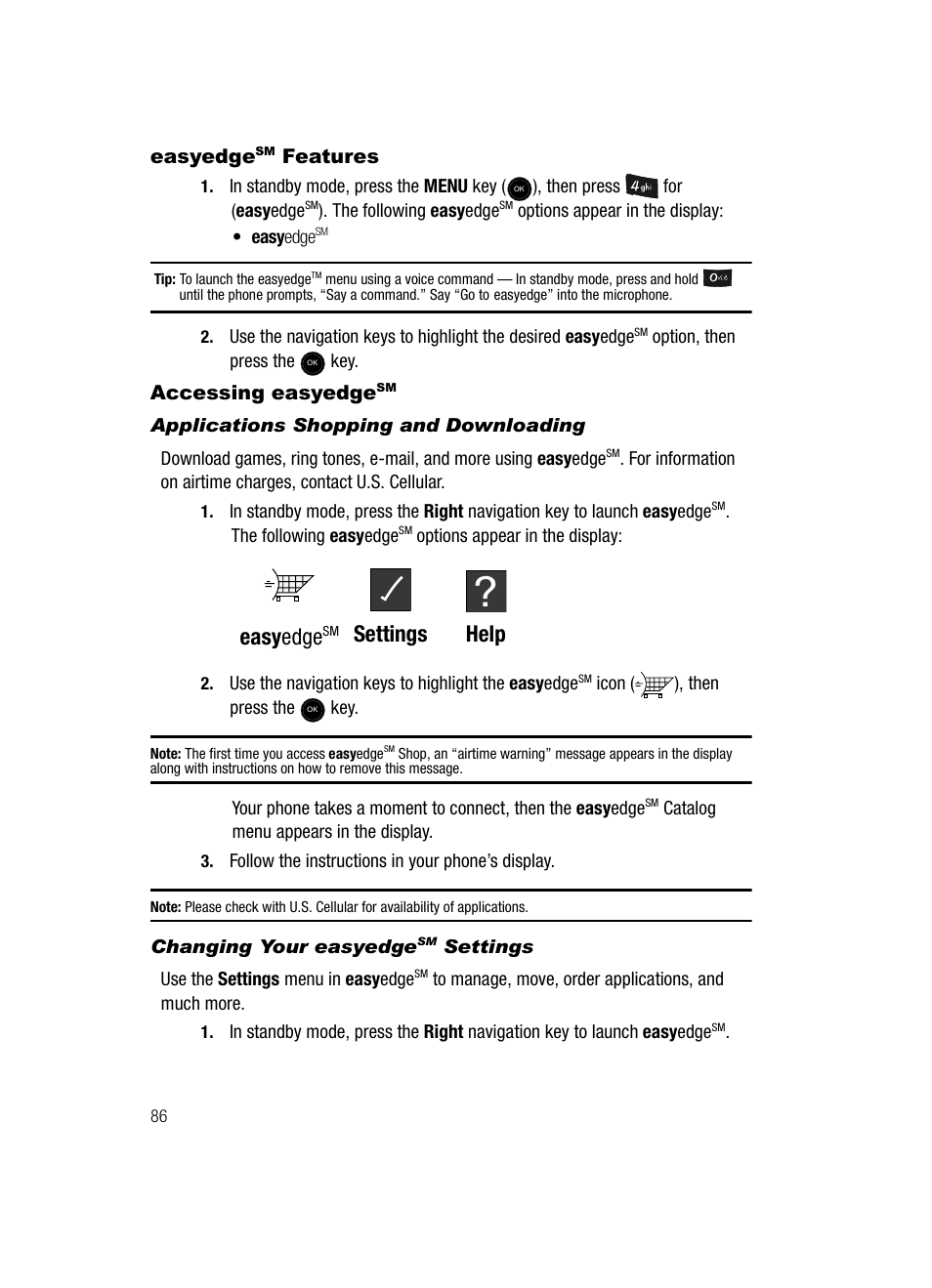 Easyedgesm features, Accessing easyedgesm, Applications shopping and downloading | Changing your easyedgesm settings, Easy, Accessing easy, Easy edge, Settings help | Samsung SCH-U520ZNAUSC User Manual | Page 86 / 192