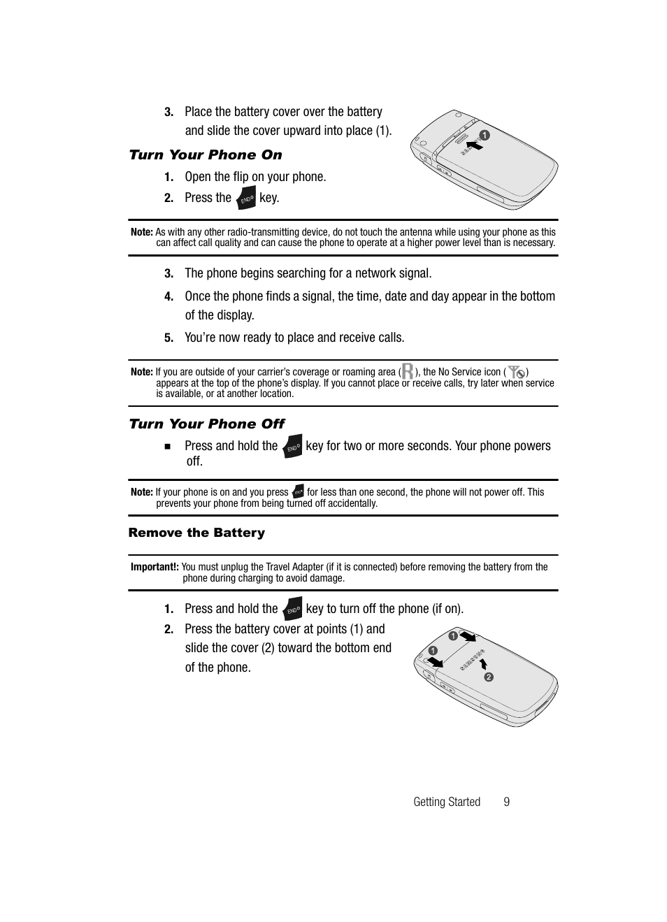 Turn your phone on, Turn your phone off, Remove the battery | Samsung SCH-U520ZNAUSC User Manual | Page 9 / 192