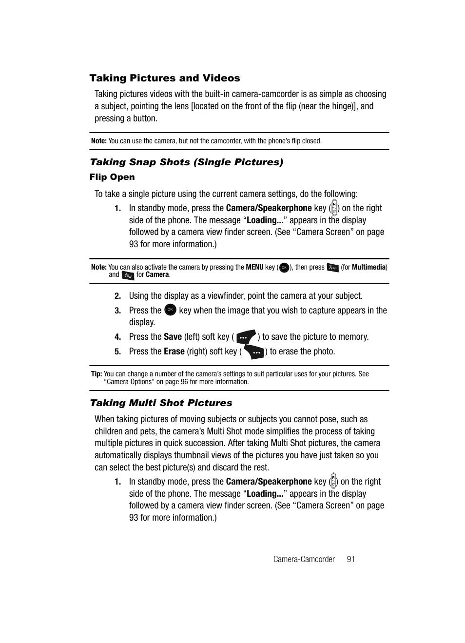 Taking pictures and videos, Taking snap shots (single pictures), Flip open | Taking multi shot pictures | Samsung SCH-U520ZNAUSC User Manual | Page 91 / 192