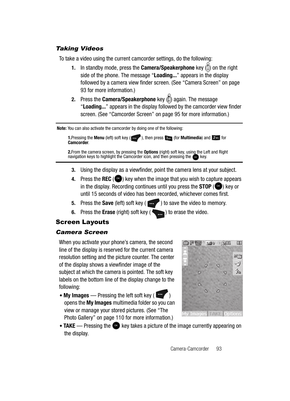 Taking videos, Screen layouts, Camera screen | Samsung SCH-U520ZNAUSC User Manual | Page 93 / 192