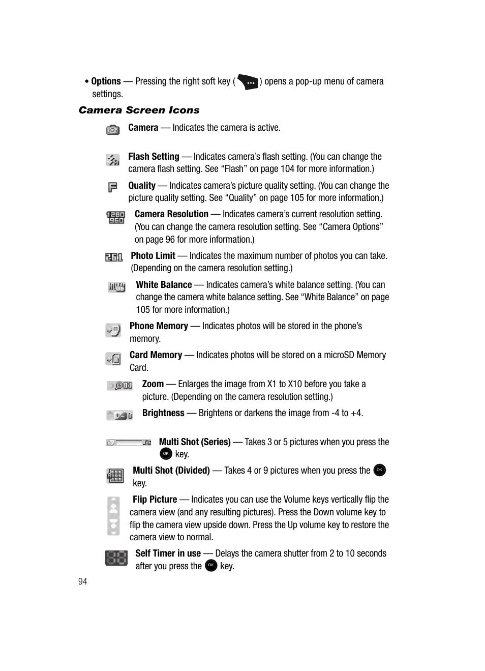 Camera screen icons | Samsung SCH-U520ZNAUSC User Manual | Page 94 / 192