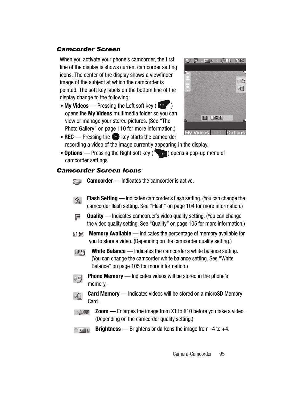 Camcorder screen, Camcorder screen icons | Samsung SCH-U520ZNAUSC User Manual | Page 95 / 192