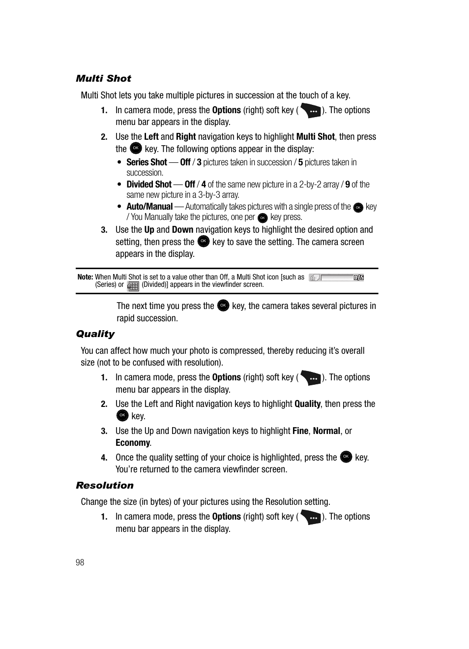 Multi shot, Quality, Resolution | Samsung SCH-U520ZNAUSC User Manual | Page 98 / 192
