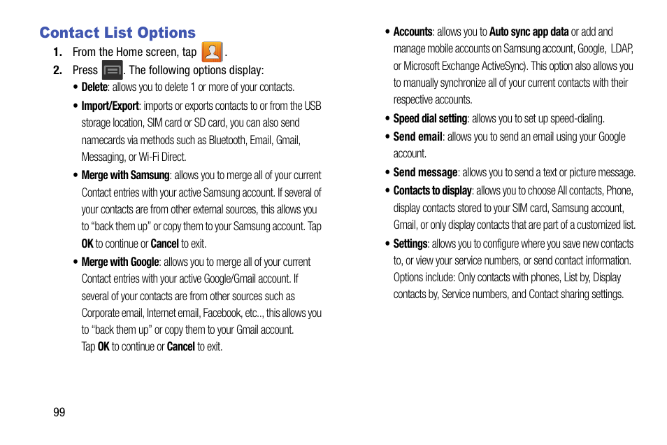 Contact list options | Samsung SGH-T599DAATMB User Manual | Page 104 / 340